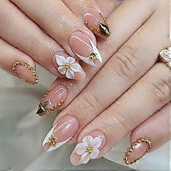 24Pcs Golden Lines Embellishments Press On Nail Short Almond Shape With Metallic Flower Effect Multicolor