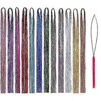 Hårglitterkit med verktyg 47 tum 12 färger hårstrån älvhårglitterkit hårförlängningar glittrande glitter glänsande sidenglitter (12 färger)