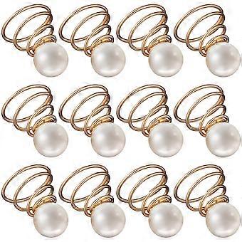 12pcs Ladies Golden Imitation Pearl Hair Pin Metal Coil Spiral Hairpin with Decoration for Wedding Prom Party Birthday