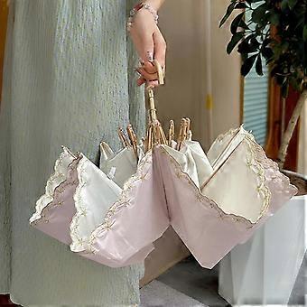 Embroidered Sun Umbrella, Lightweight Folding Shade, Elegant Hook Handle,