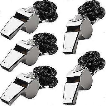 Set of 5 Food Grade Stainless Steel Whistles, Loud Clear Emergency Signal with Lanyards, Compatible with Referees, Coaches, Lifeguards, Sports Trainin