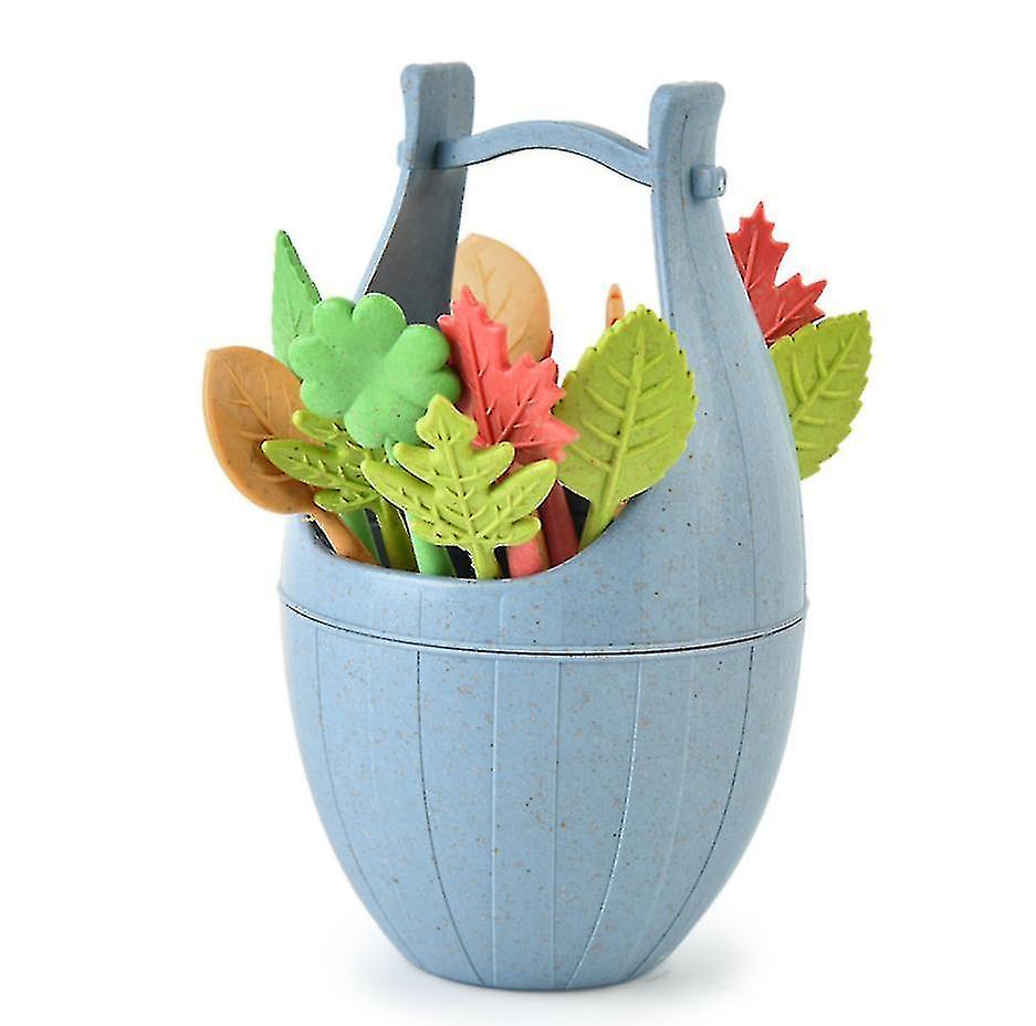 Food Sticks Skewers Mini Wooden Bucket Fruit Fork Set With 16pcs Fruit Stick Blue