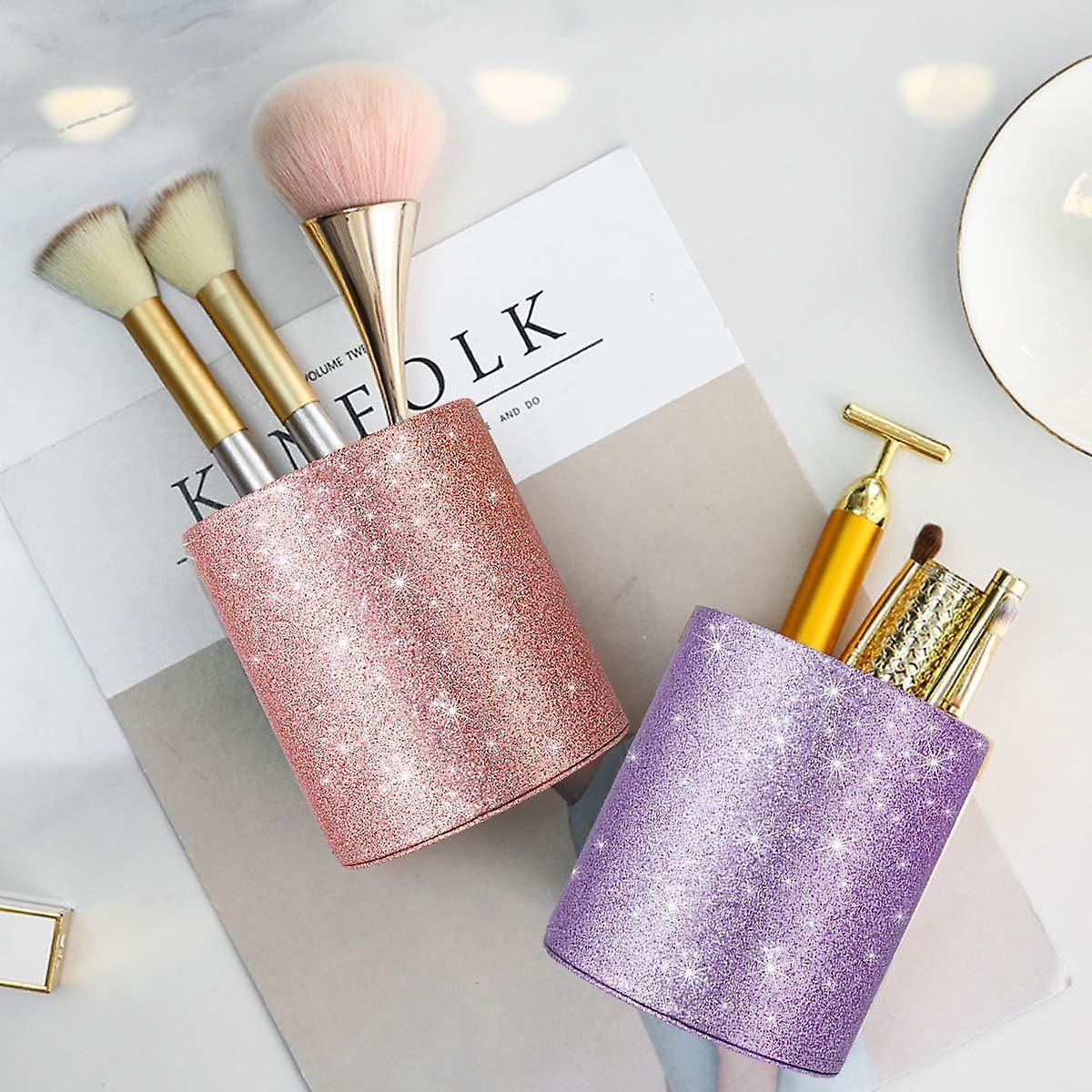 PU Leather Pen Holder - Abstract Blue Gold Marble Desk Organizer With Flannel Lining