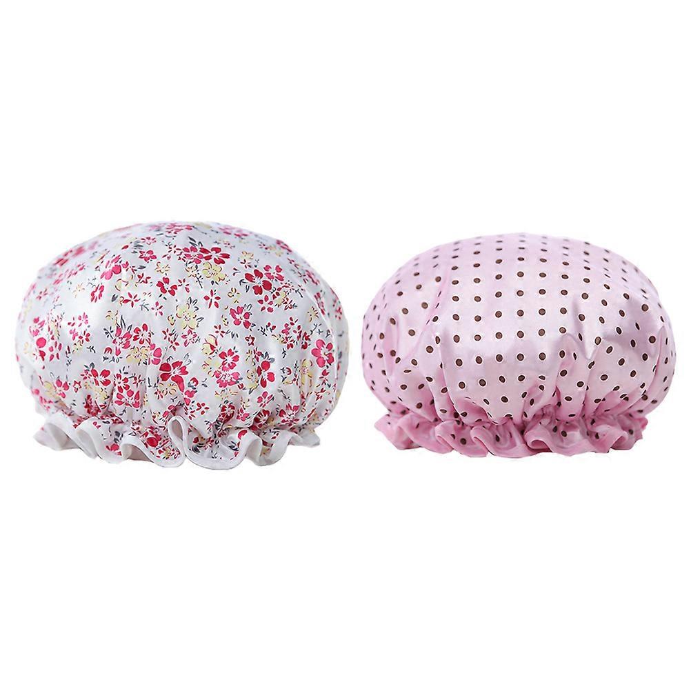 2pcs Waterproof Bathing Double-Layer Shower Cap Small Floral Dot Pattern Hair Caps for Home Bathroom Random Pattern