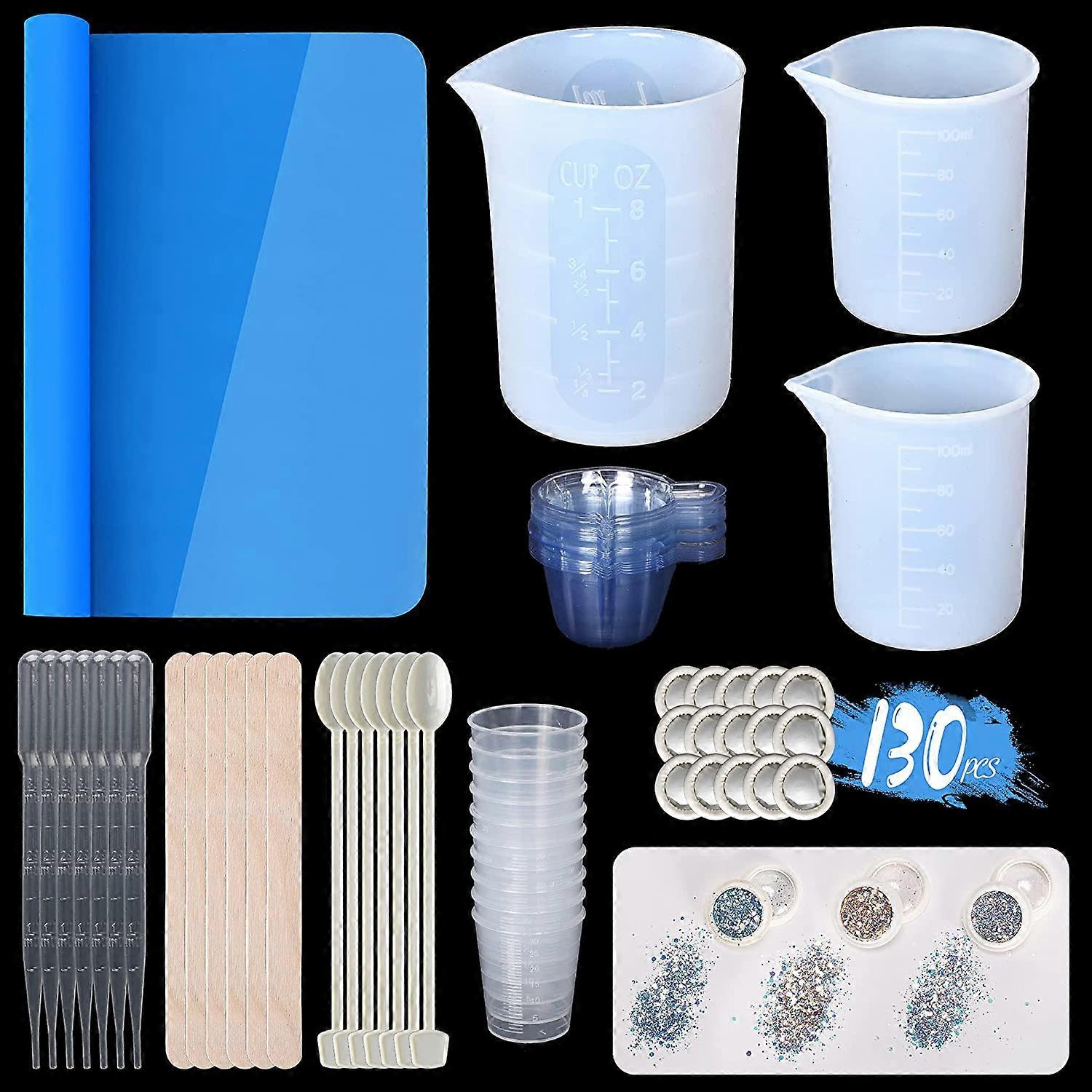 130Pcs Silicone Dosing Cups For Epoxy Resin - 250Ml - Reusable - With Silicone Mat And Holographic Glitter