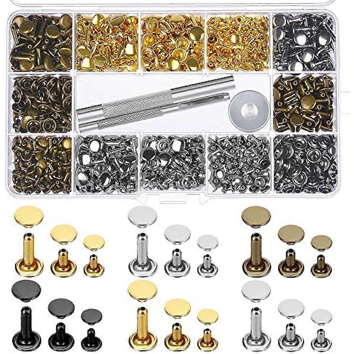 480 Sets 3 Sizes Leather Rivets Double Cap Rivet Tubular Metal Studs with 3 Pieces Setting Tool Kit for Leather Craft Repairs Decoration 4 Colors