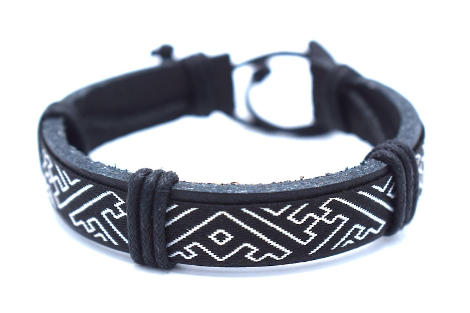 Black leather bracelet with white pattern 