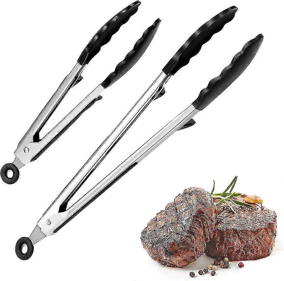 Piao Kitchen Tongs Barbecue Tongs 304 Stainless Steel Toaster Tongs And Silicone Handle 9" And 12" Chef's Tongs With Stand And Hanging Hole Grill Set