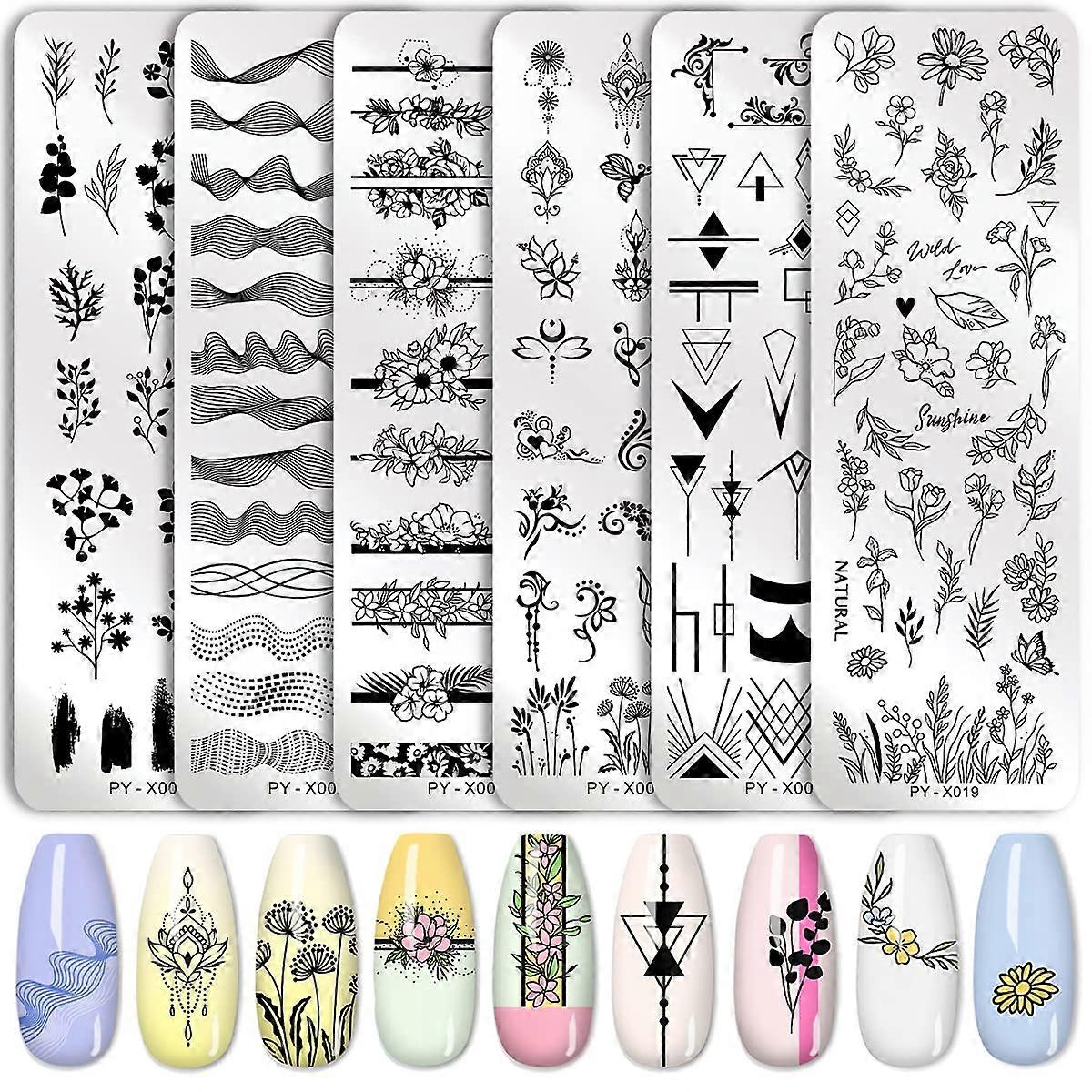 6PCS Stamping Plates Nail Art Set Flower Minimalist Geometric Lines Leaves Pattern Theme Image DIY Nail Art Stamp Plate Stamper