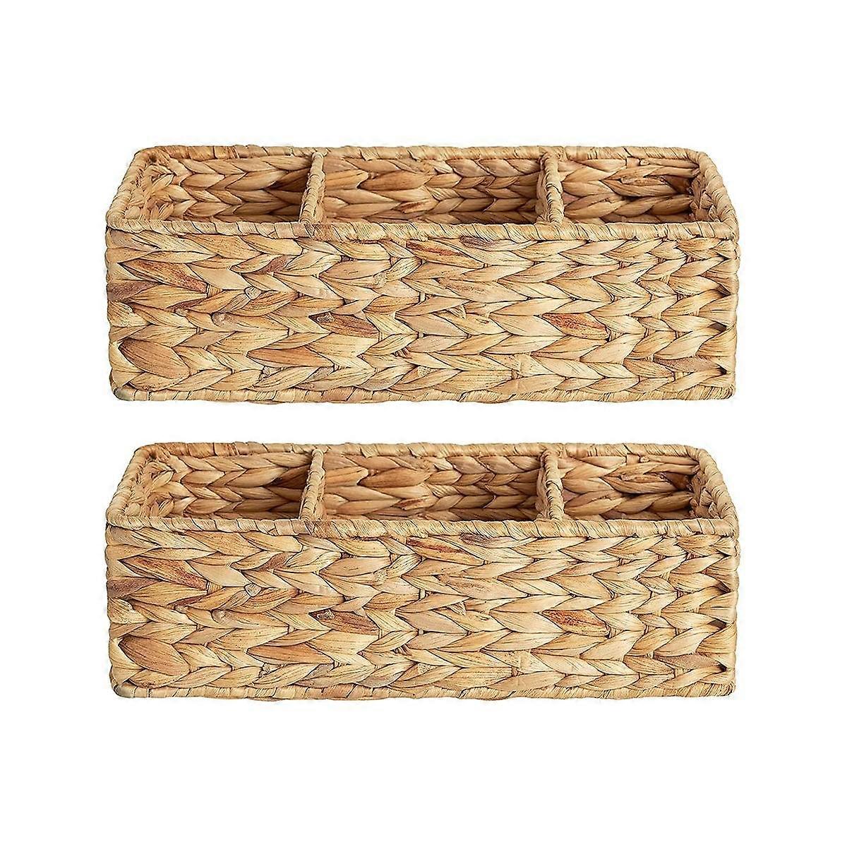 3-Section Wicker Baskets for Shelves, Hand-Woven Water Hyacinth Storage Baskets, 2-Pack