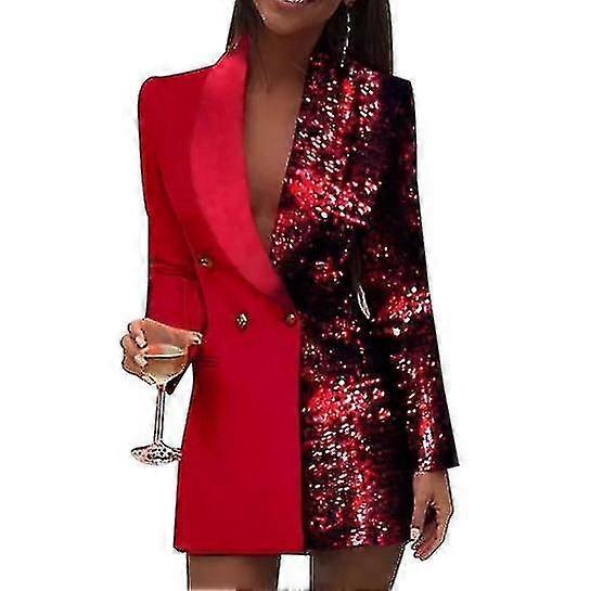 Femme Mode Colorblock Sequins Manches Longues Double Poitrine Bodycon Blazer