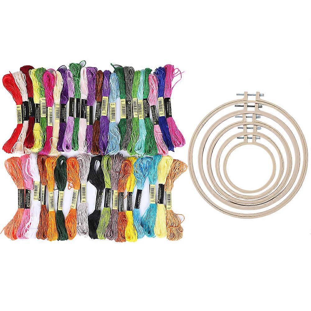 5Pcs Embroidery Hoops Circle CrossStitch Ring Plastic Frame Imitation Bamboo Beige + Thread