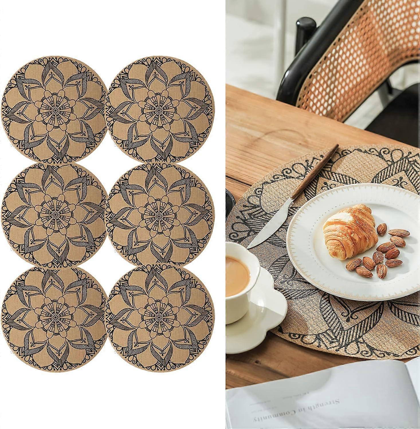 (A)Round Bohemian Print Placemats PVC Braided Placemats Set of 6 Washable Heat Resistant Non-Slip Table Mats for Kitchen Restaurant Dining Table (Mix)