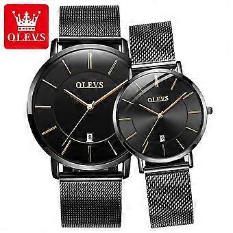 OLEVS 5869 Ultra Thin 6.5mm Quartz Couple Watches for Men Women Mesh Strap Waterproof Auto Date Minimalist Lover's Wristwatches