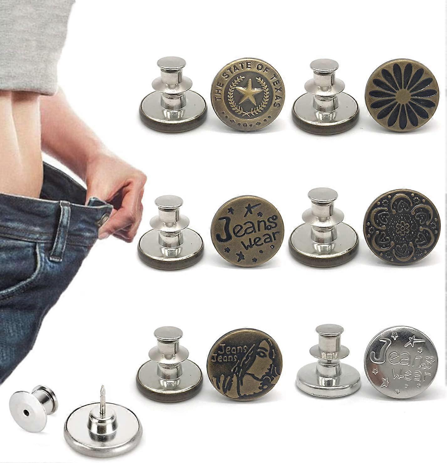 6 Pack (Pattern) Jeans Buttons, Adjustable Button Pins, Clamp Belt, No Sew, No Tools, Instant Pant Pins, Easy Install, Reusable
