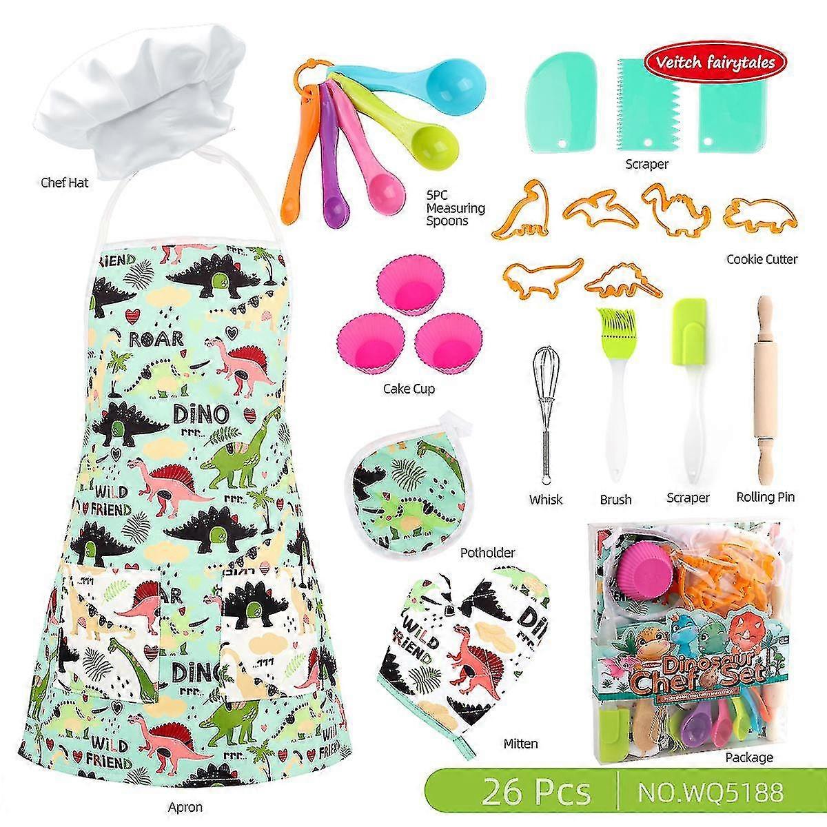 Kids Baking Set With Dinosaur Apron & Chef Hat, Cooking Chef Set Baking Supplies