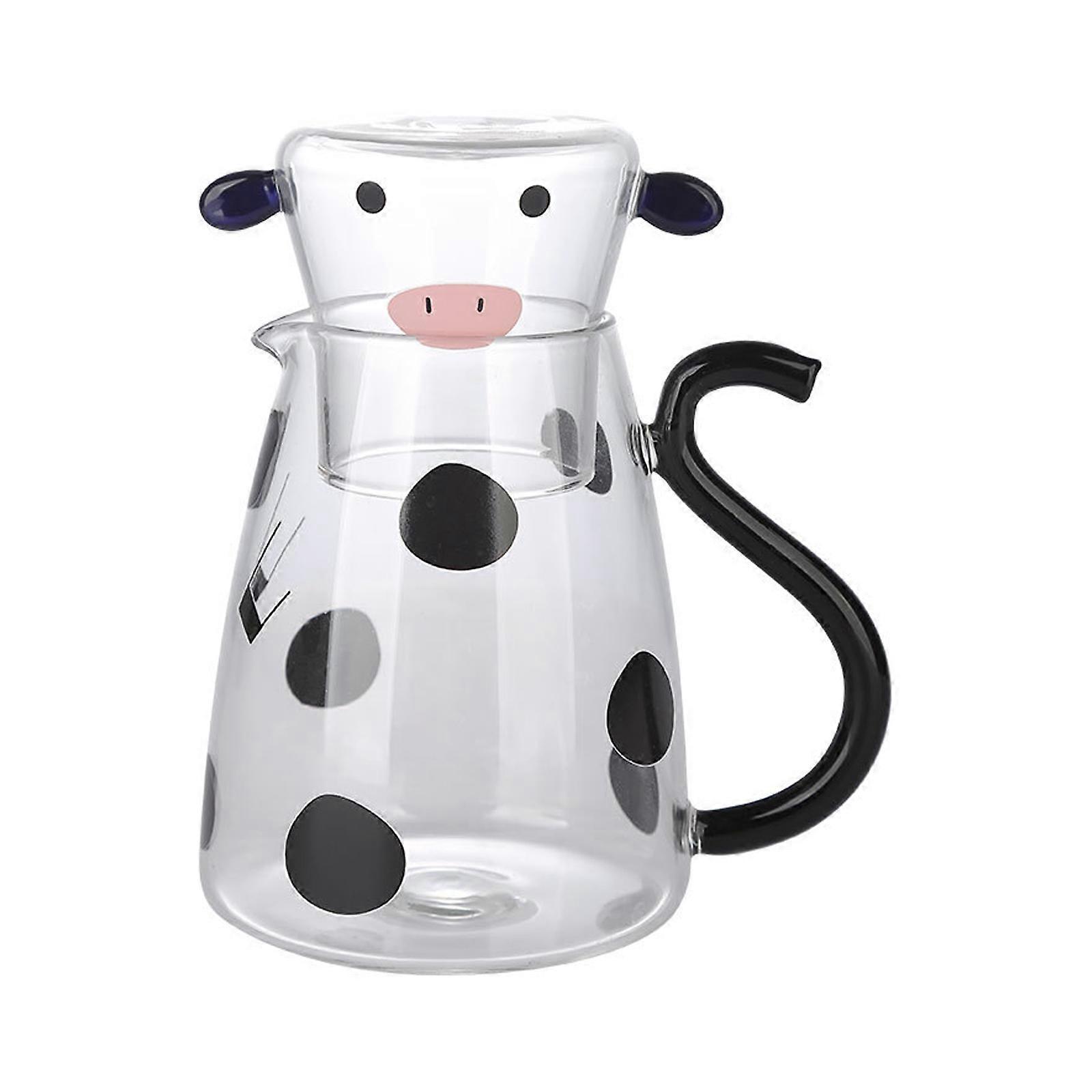 NOUVEAU pichet de carafe en verre chaud avec tasse en verre Pichet à thé en verre de vache mignonne Bouilloire Pot à lait Carafe d’eau de nuit pour boisson de minuit Hôtel de bureau à domicile