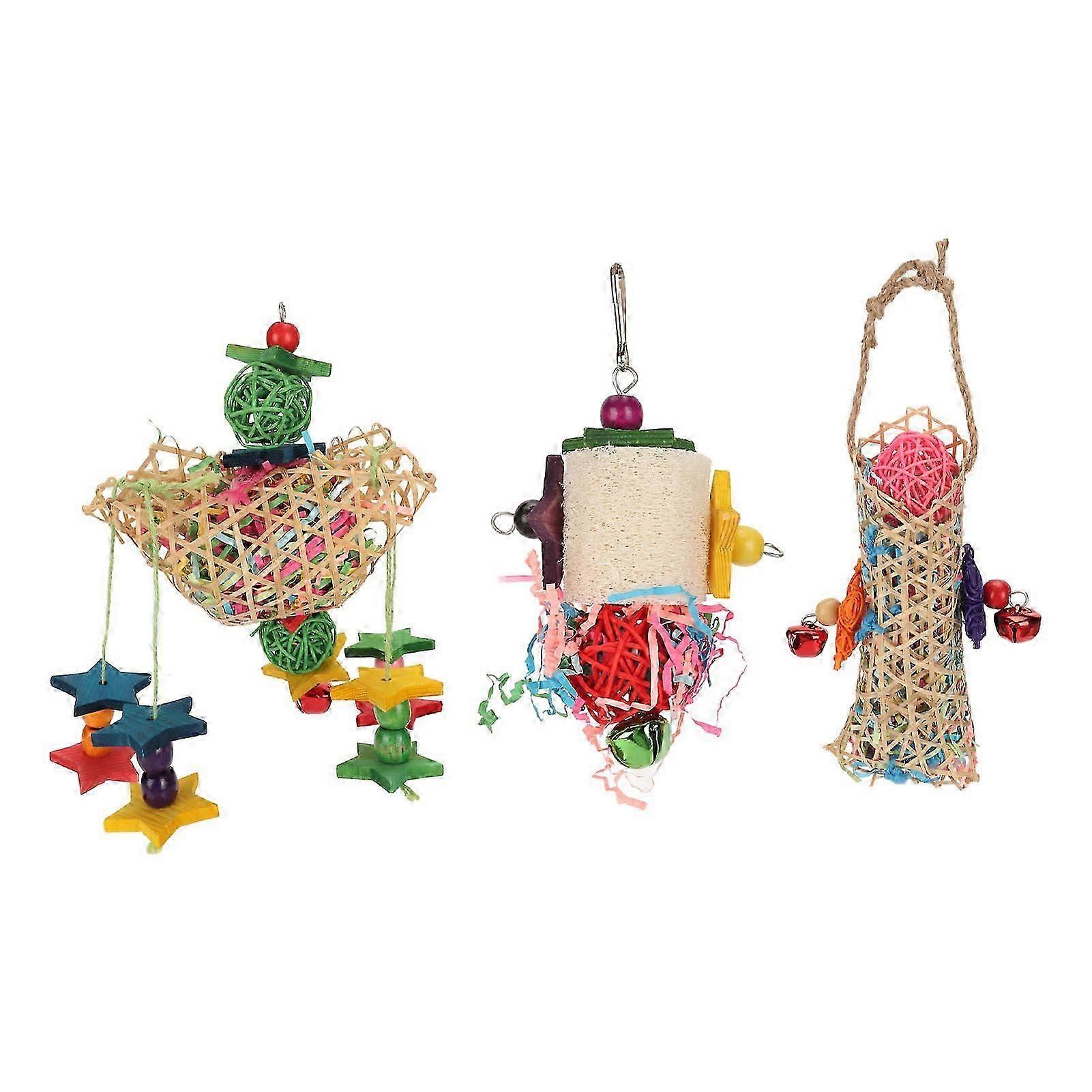 3pcs Parrot Shredding Chew Toy Bamboo Net Rattan Loofah Bird Chew Toy for Finch Budgie Parakeets Cockatiels