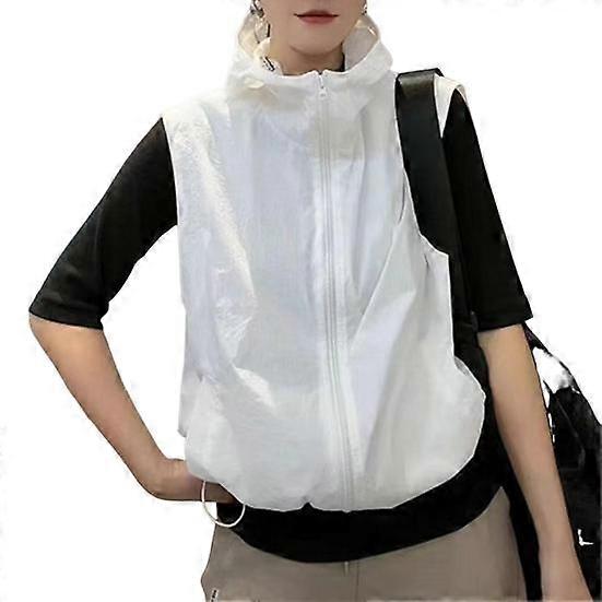Women Ves Hooded Zipper Closure Cardigan Sleeveless Drawstring Hem Solid Color Loose Sun Protection Casual Sports Daily Life Outing Waistcoat