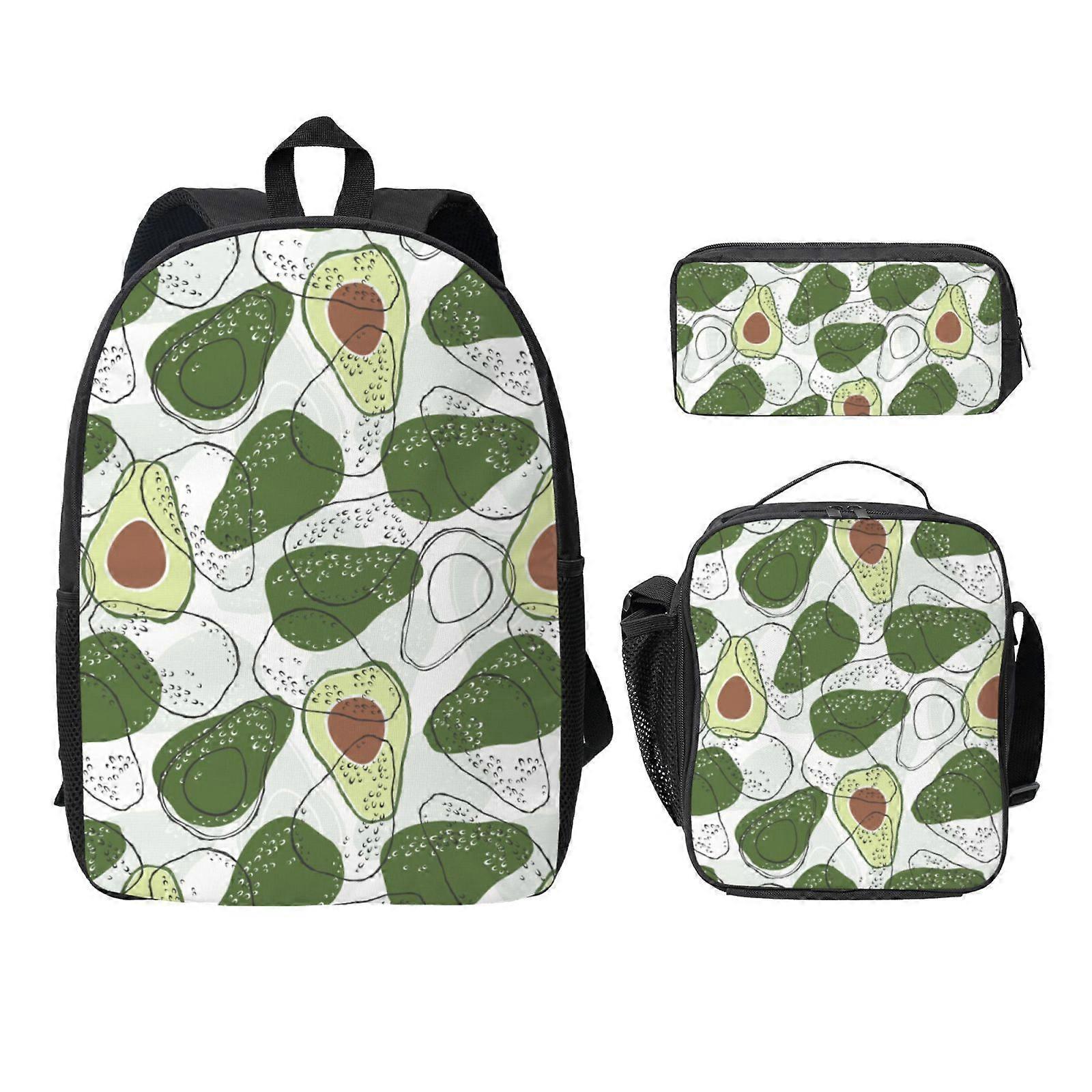 Cute Avocado Pattern Backpack Lunch Bag Pencil Case 3 Pcs Set with Mesh Pocket 02