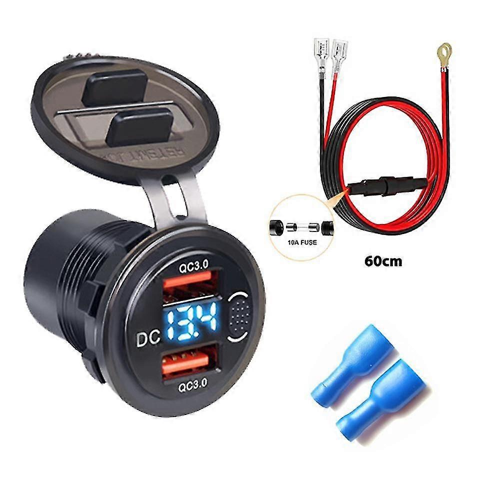 Exquisite Dual USB QC 3.0 Fast Charge Car Motorcycle Boat Socket Green Light with Switch Voltage Display modified Car Charger for Phone 12-24V Univers