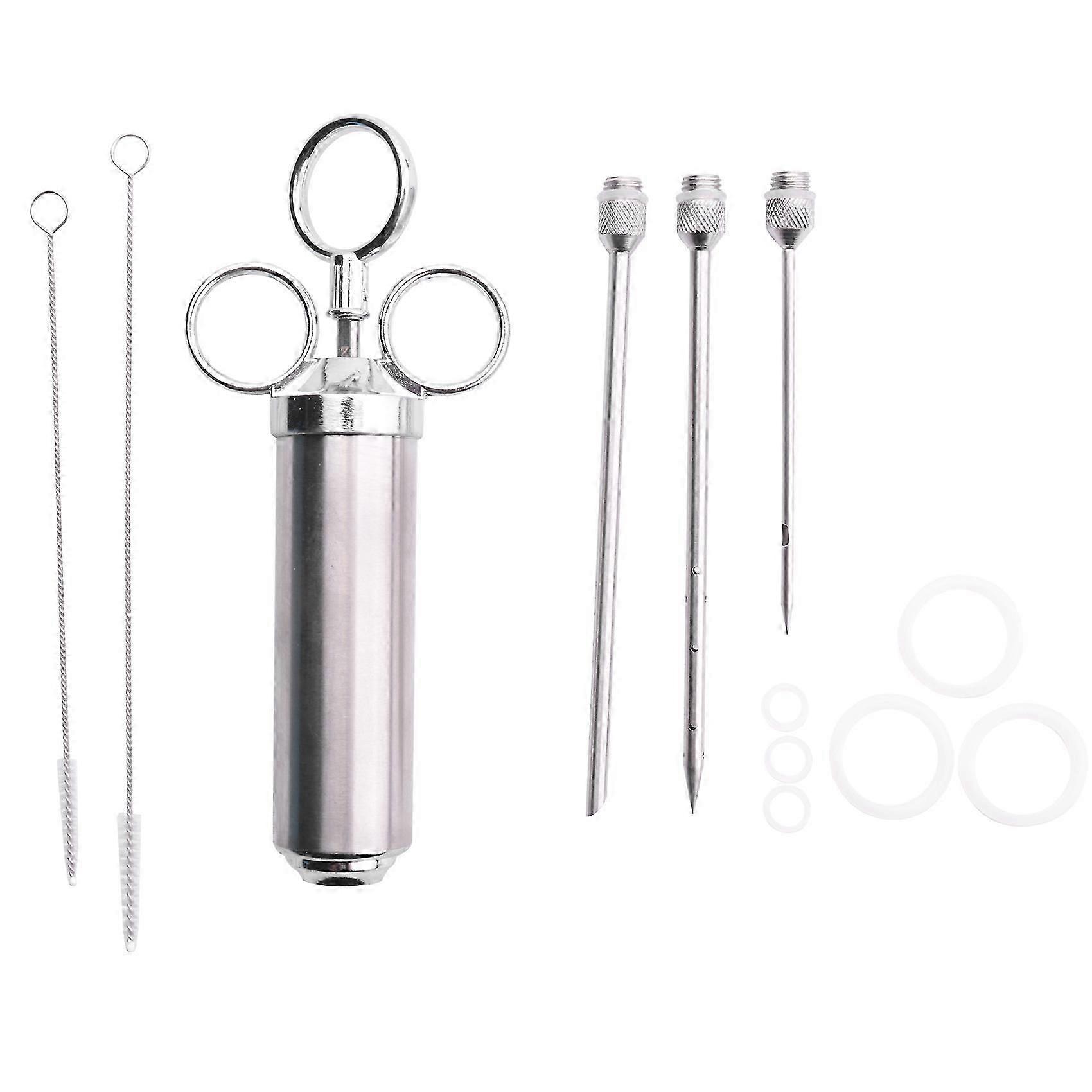 Meat Injector Syringe, 2-oz Marinade Flavor Injector 304 Stainless Steel with 3 Professional Needles,2 Cleaning Brushes and 4 Silicone O-rings jn