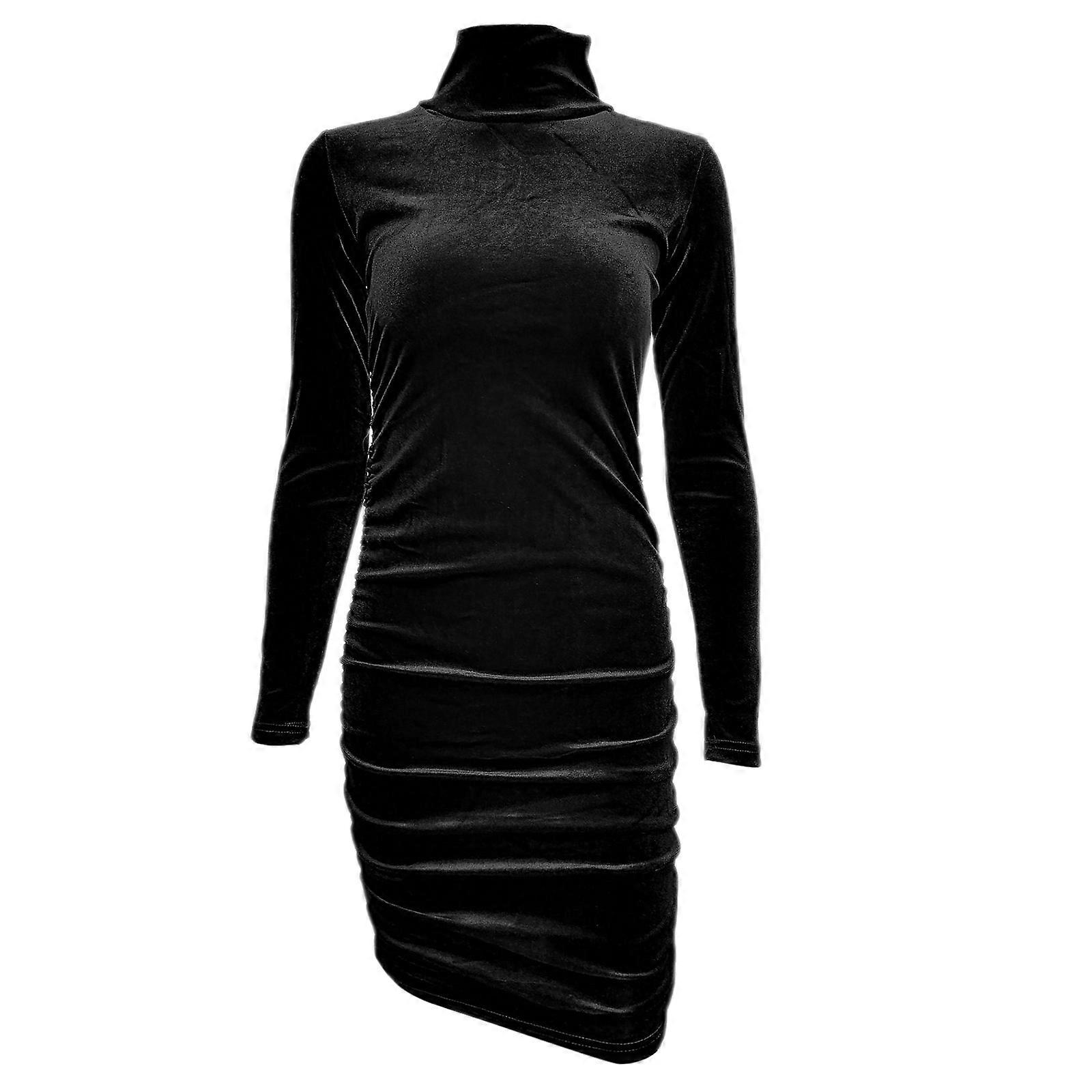 Women Elegant Ruched Bodycon Mini Dress Long Sleeve Velvet Pencil Dress  Solid Color Casual Basic Fitted Short Dress Black XXL
