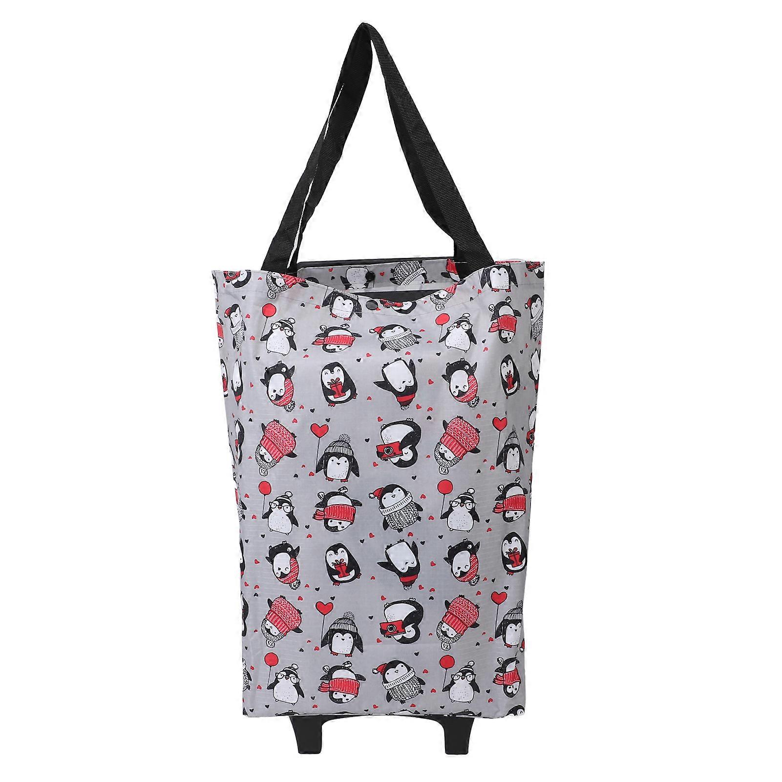 Foldable Shopping Cart for Groceries with Wheels 360 Degree Rolling Swivel Grocery Cart Oxford Fabric Penguin