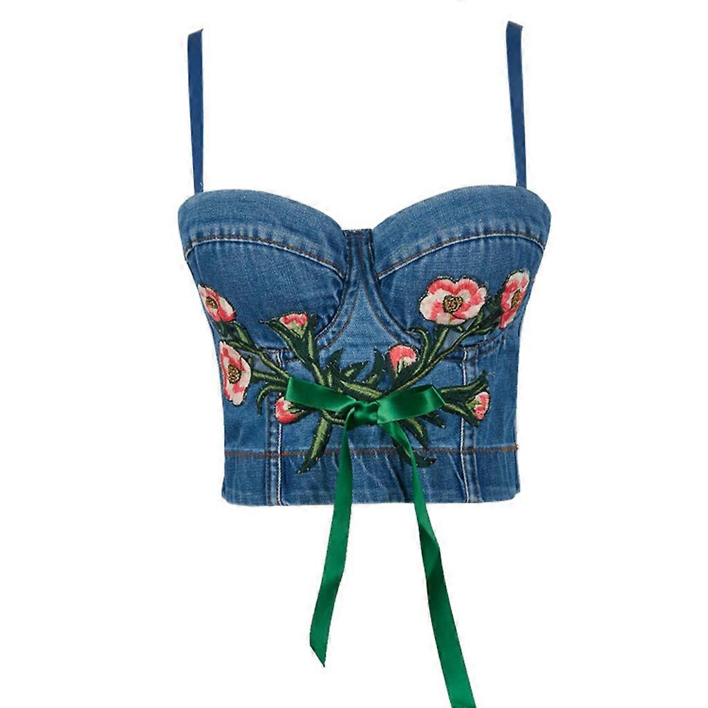 Women Washed Denim Bustier Bra Ribbon Bow Embroidery Slim Camis Corset Crop Top 40Ｃ