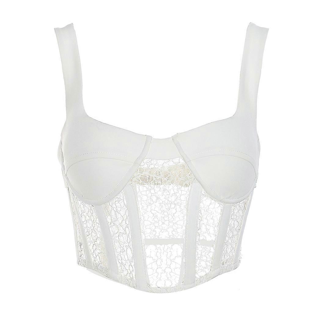 נשים סקסי ללא שרוולים V-צווארון Bustier Bralette חלול החוצה תחרה טהורה רשת מחוך Camisole עצמות גב רוכסן יבול עבור טנק ל XL לבן