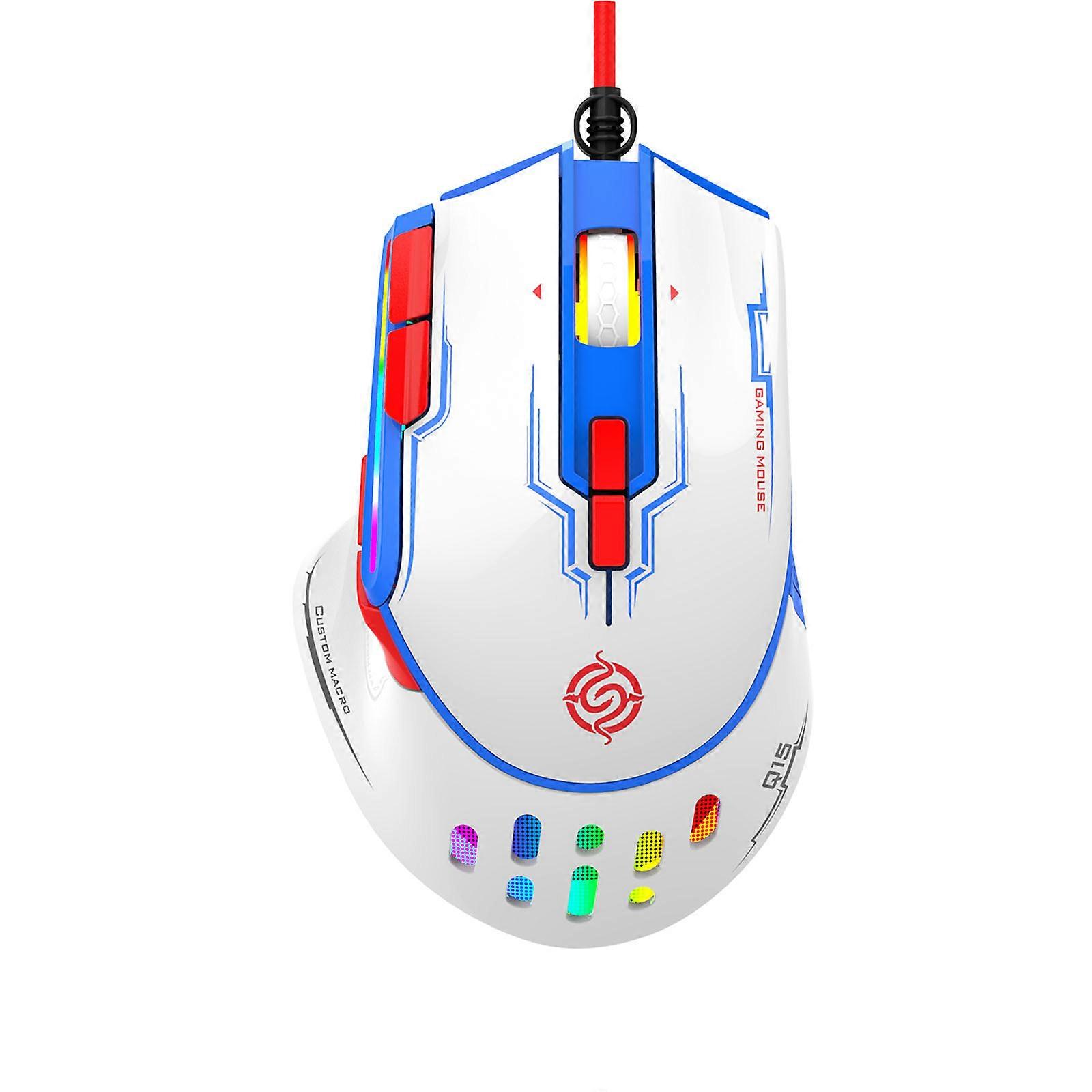 Q15 Wired Game Mouse 9-button Macro Programming RGB Dazzling Light Six Gear 6400DPI Adjustable Hollowed Out Design White