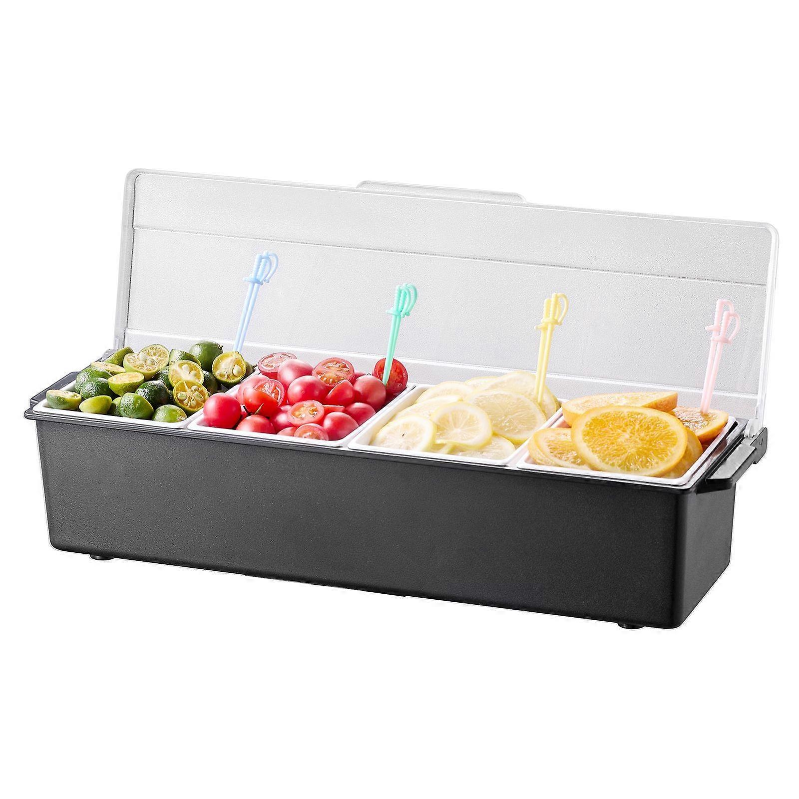 Chilled Condiment Server with 4 Compartments, Ice-Cooled Garnish Tray with Lid for Bartending, Serving Tacos, Salads, Fruits