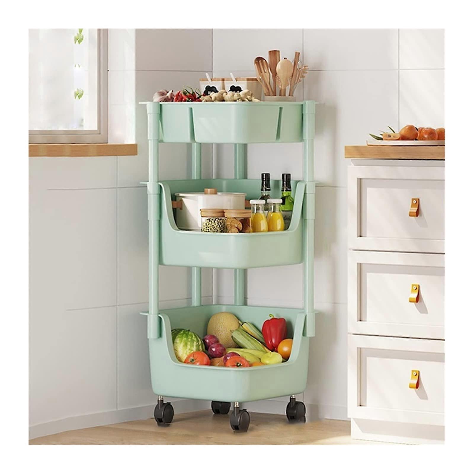 Kitchen Storage Cabinets Corner Rack Trolley Shelf Multi-Layer Floor-to-Ceiling Movable Cart with Vegetable Basket, Color D
