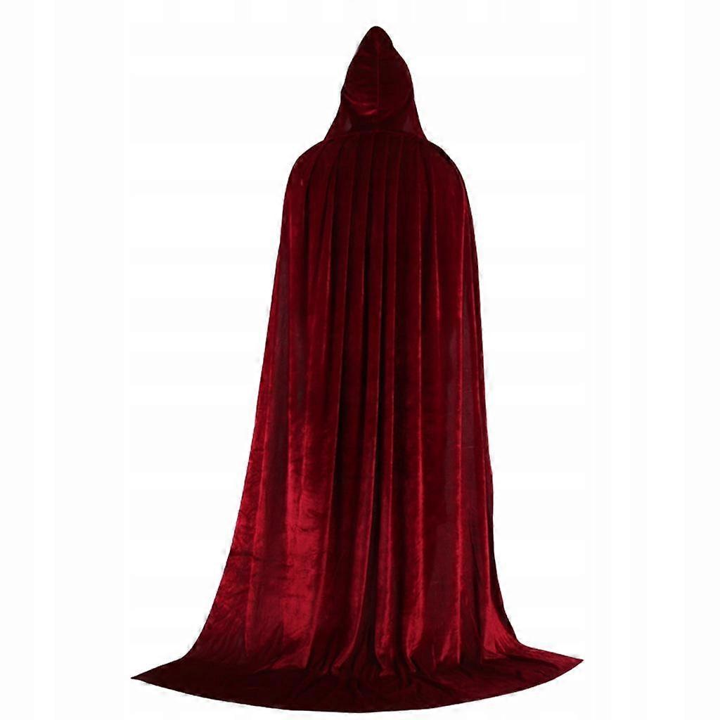 Medieval Vampire Velvet Hooded Cloak Robe Witch Capes 170cm Wine Red