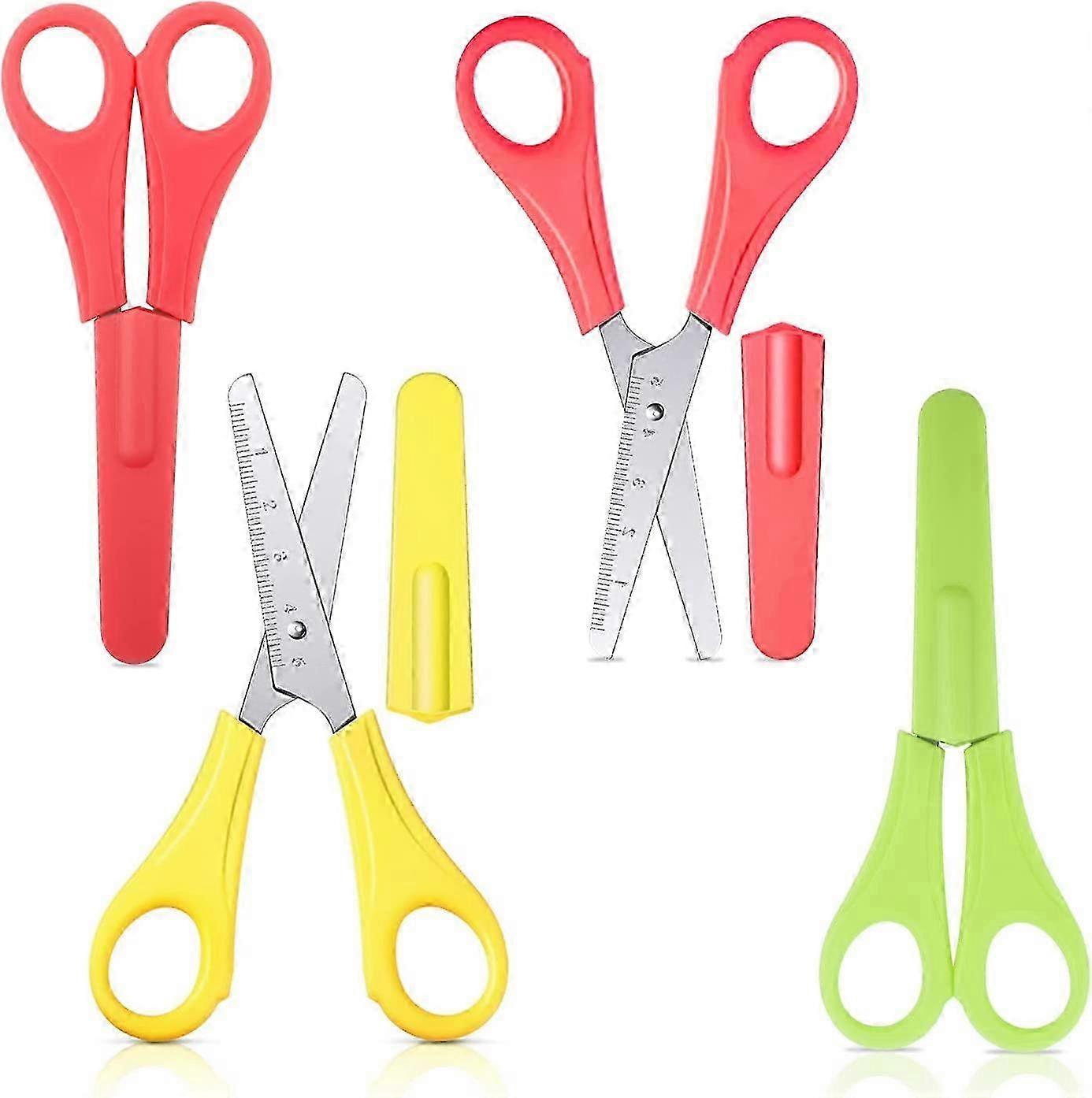 4 Pcs Kids Safety Scissors, Colorful Blunt Tip Serrated Scissors with Measurement Scale, Suitable for Children