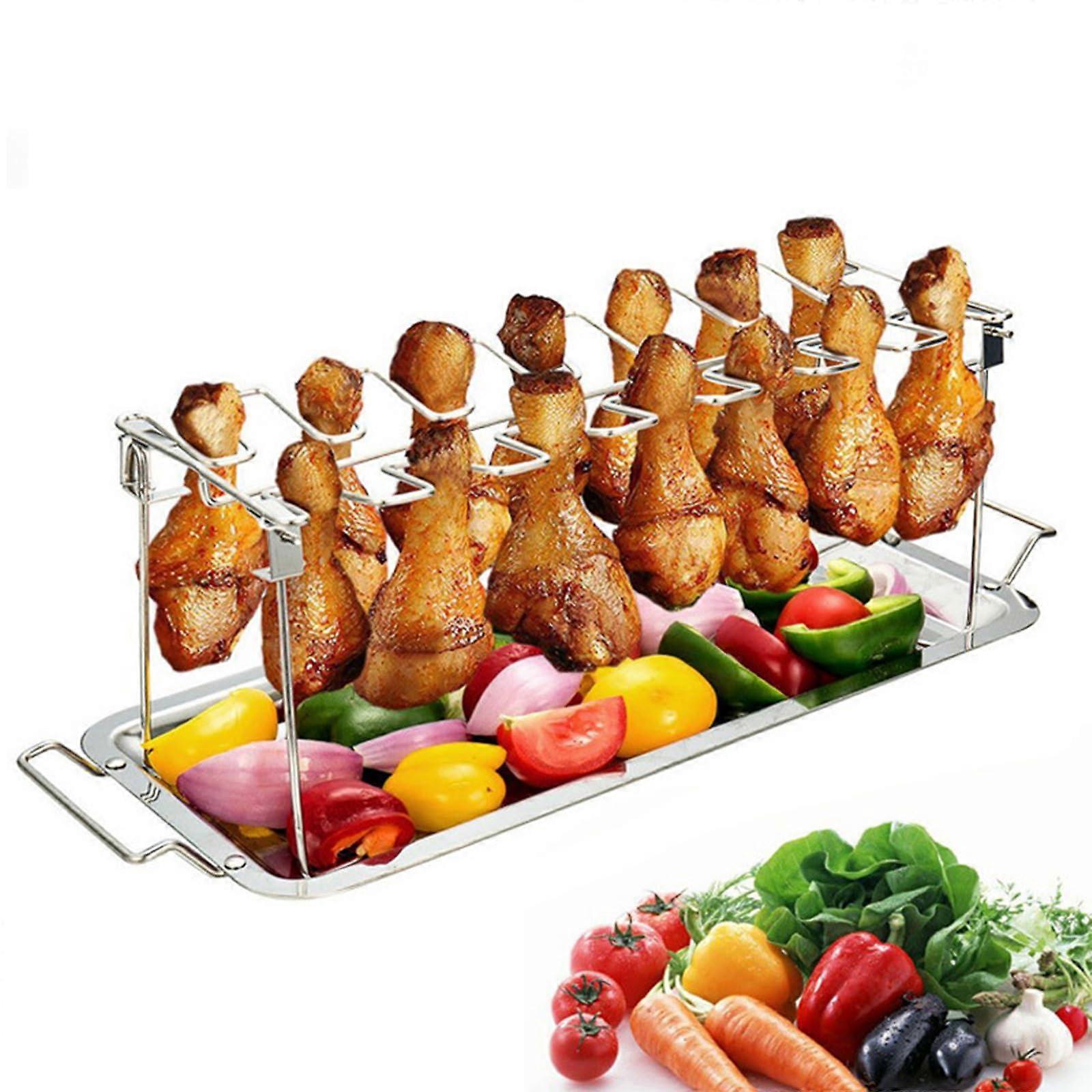 Chicken Legs Grill Stand with Drip Tray, 14 Slots for Chicken Wings and Drumsticks, BBQ Holder Accessories