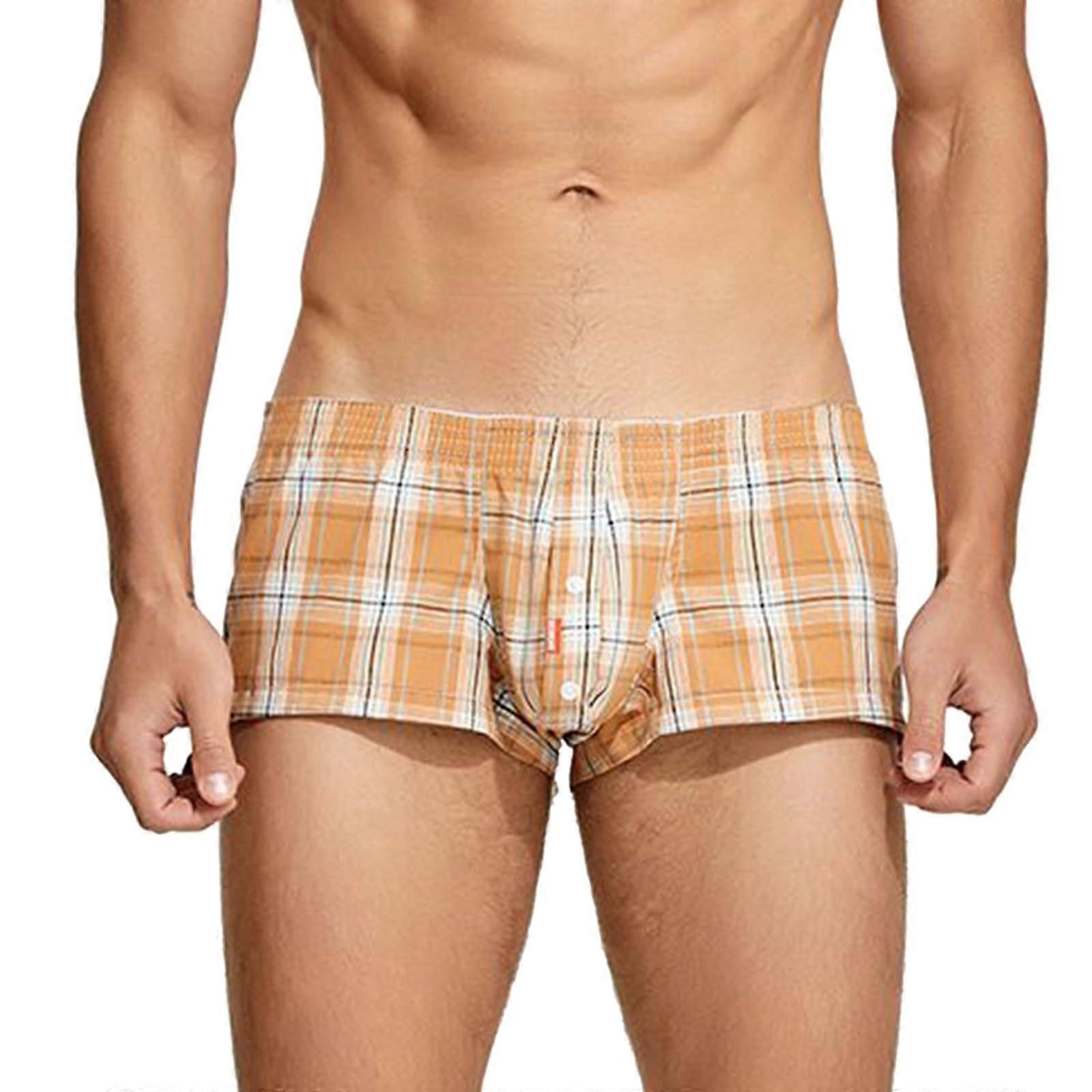 Low Rise Retro Boxer Shorts for Men, Breathable Checked Trunks with Fly, Mini Fit, Gelb Color, Size M