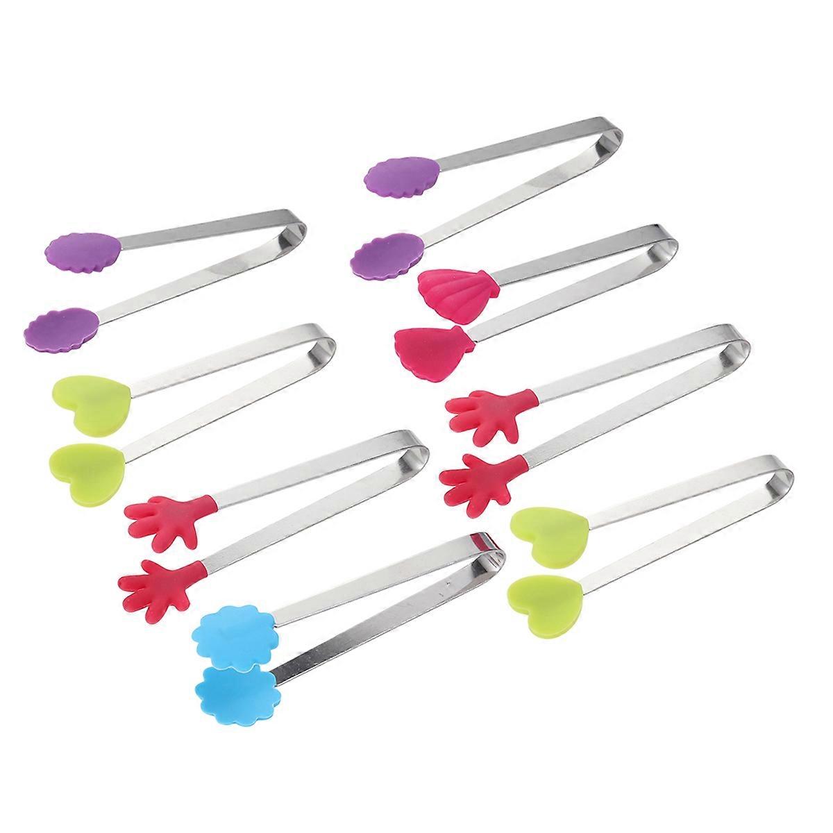 Salads Tongs Stainless Steel Mini Food Serving Tong Silicone Head for Party Cafe Home Use Random Color and Shape 8Pcs