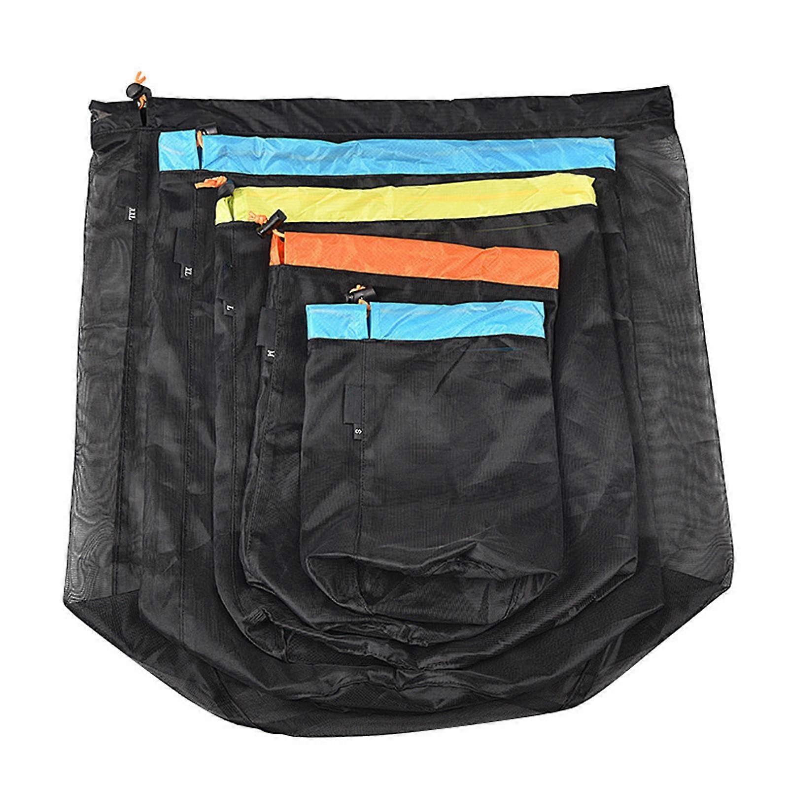 Mesh Storage Bag Drawstring Nylon Ultralight For Hiking And Camping Black Set Of 5