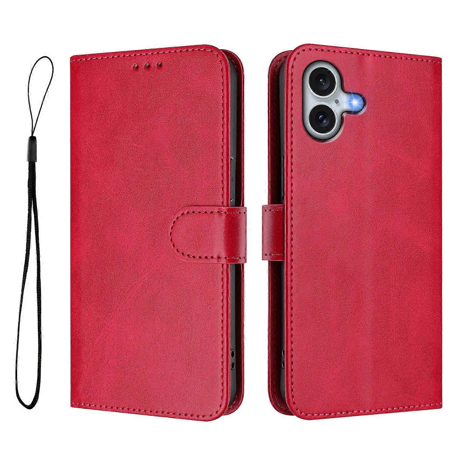 For iPhone 16 Plus Wallet Case RFID Blocking Calf Texture Leather Stand Phone Cover with Strap - Ros