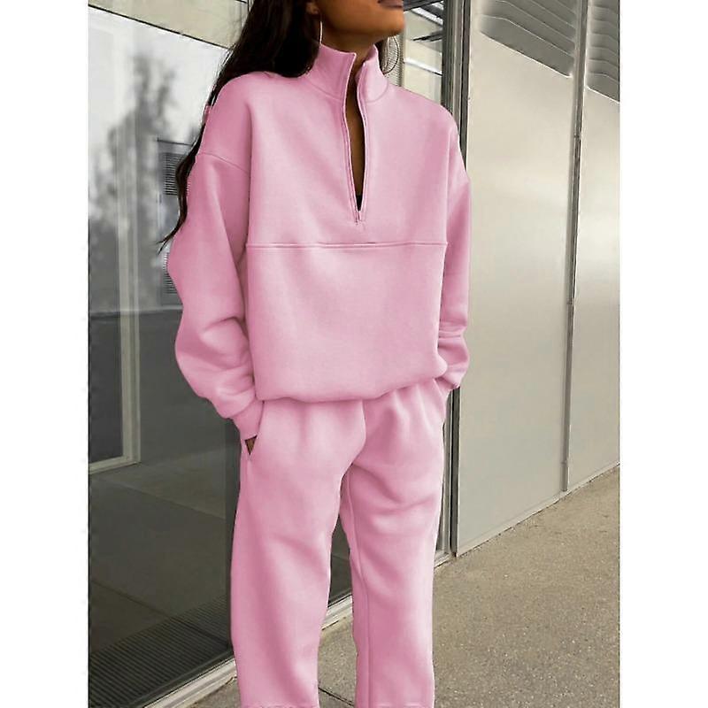 Women's Autumn and Winter Zipper Lapel Solid Colour Casual Two Piece Set