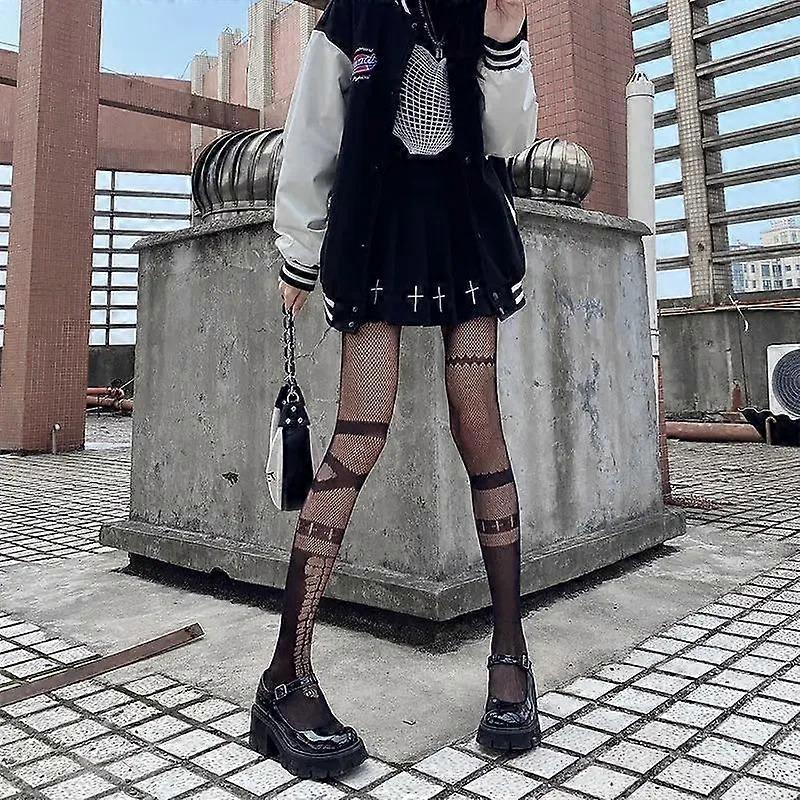 Gothic Lolita Girls Asymmetric AB Style Fishnet Tights Women Sexy Cross Patchwork Pattern Mesh Pantyhose Japan Punk Goth Hosiery