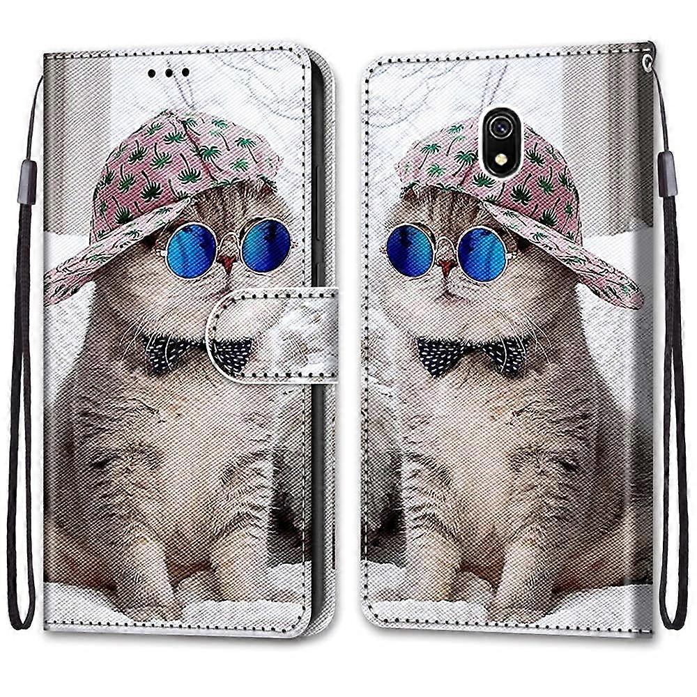 Flip Cover Case With Card Slot Wallet Style Glasses Cat Design Anti Fall for XiaoMi Redmi 8A