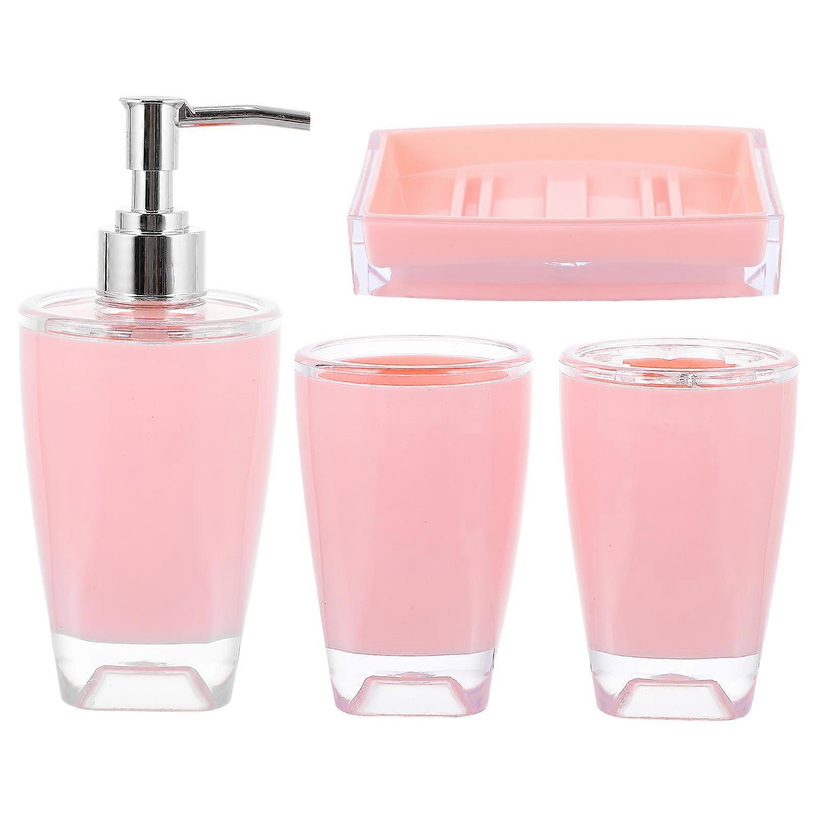 Pink Bathroom Accessory Set Bathing Supplies for Home Use Includes Soap Dish Toothbrush Holder 4 Pcs
