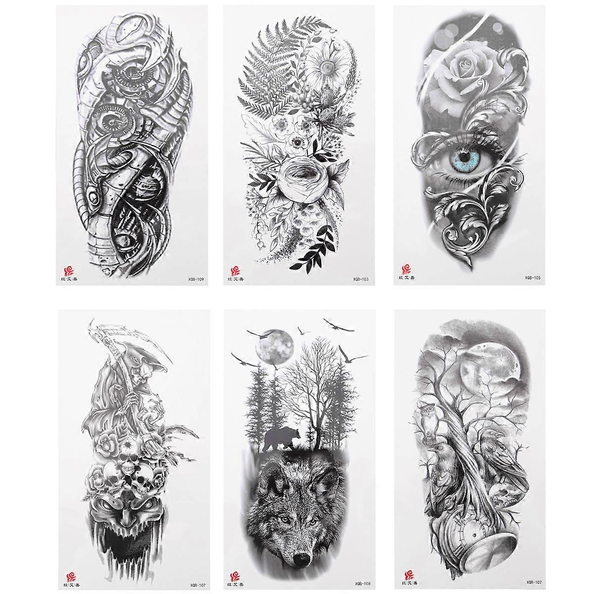 6 Sheets Full Arm Temporary Stickers Waterproof Temporary Sticker