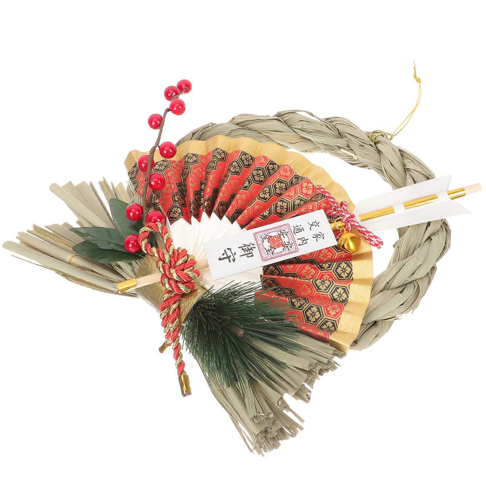 Japanese Style Straw Wreath Wall Hanging Pendant for Decor Multi Synthetic Material