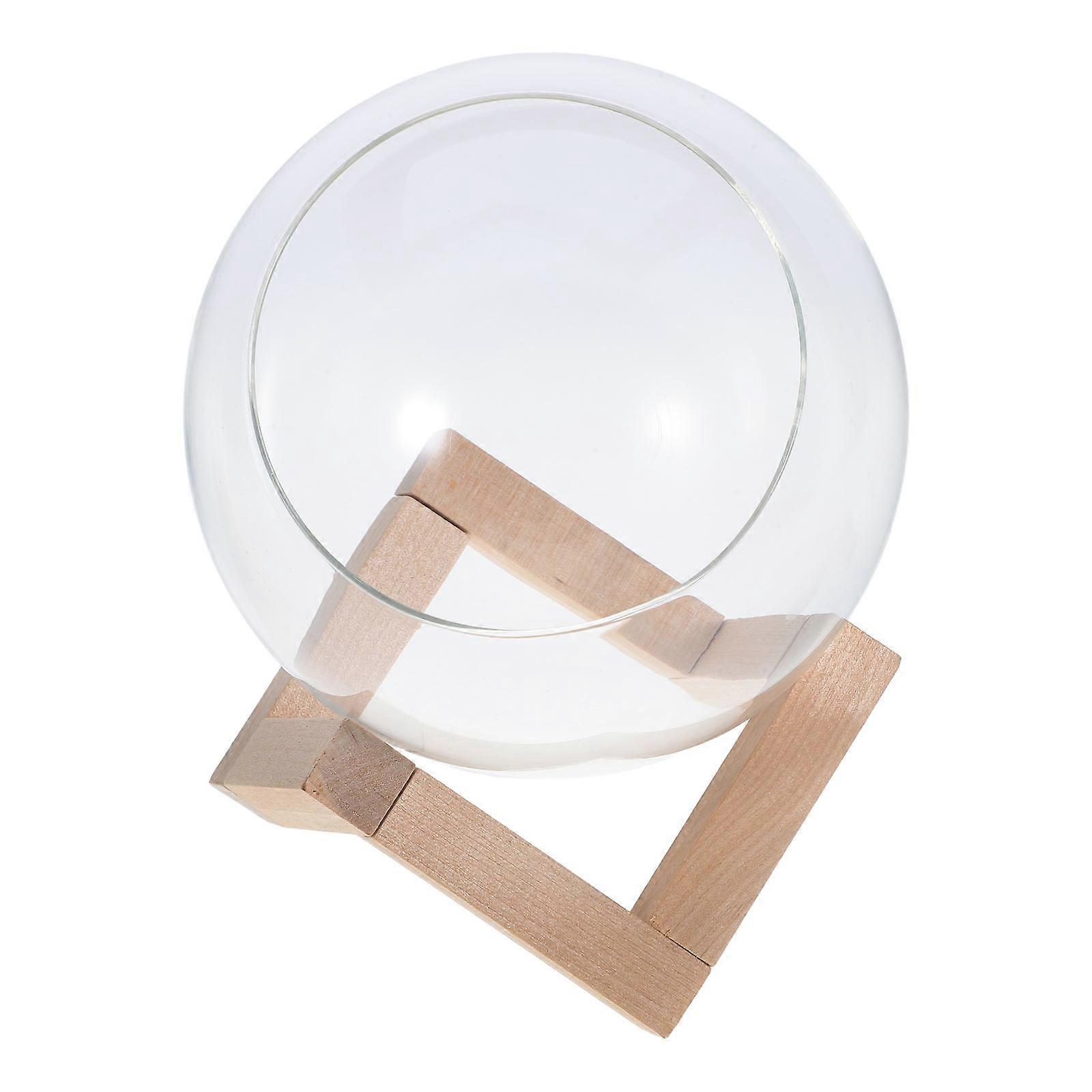 Clear Glass Terrarium with Wooden Stand – Transparent Round Vase for Succulents, Air Plants – Indoor Decorative Holder for Home, Garden, and Patio