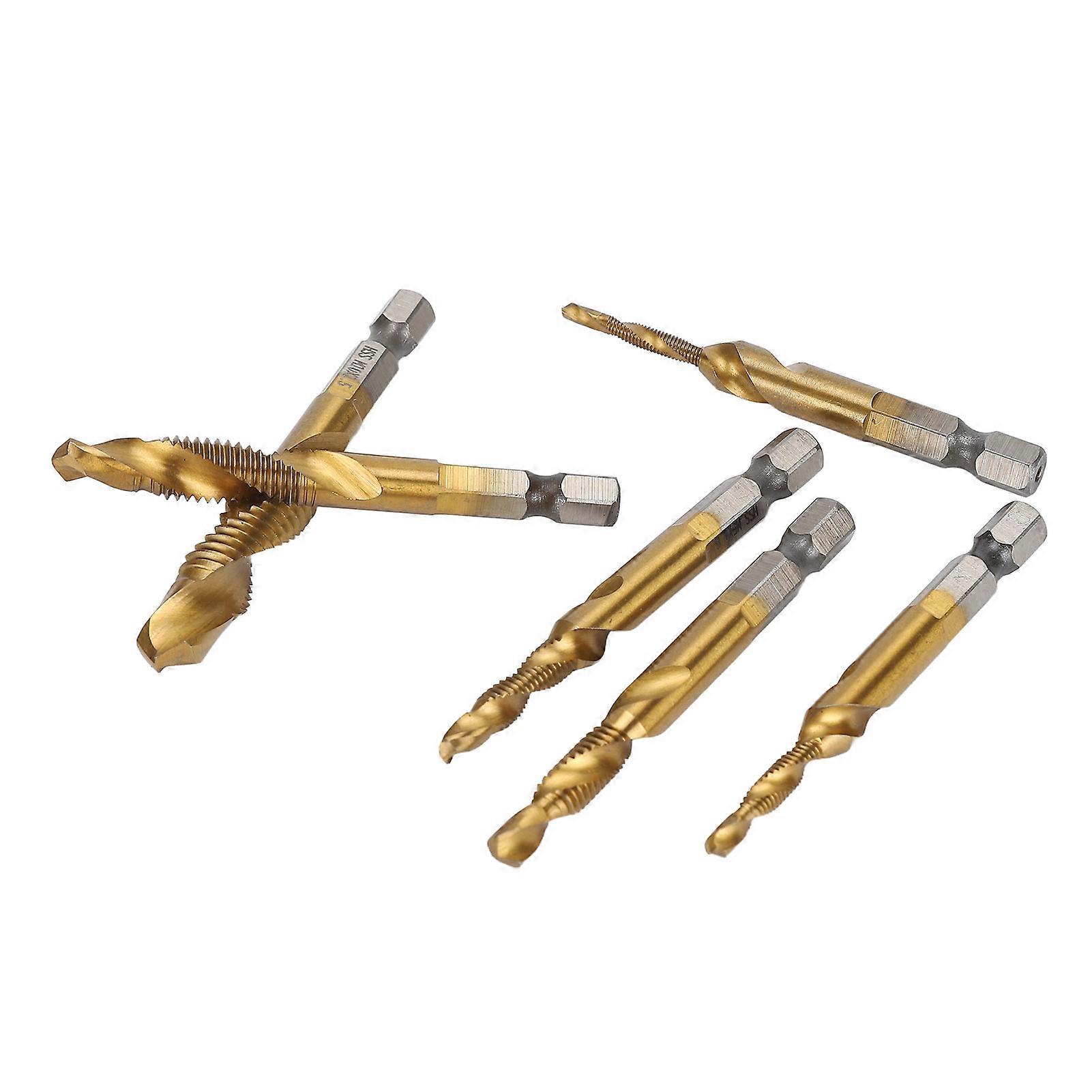 6Pcs Drill Tap 1/4in Hex Shank Spiral Bit Set Kit for Drilling Tapping ChamferingTi Plated 