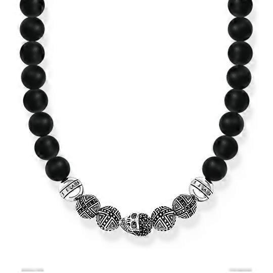 Sterling Silver Skull & Crosses Obsidian Necklace KE1100-159-11
