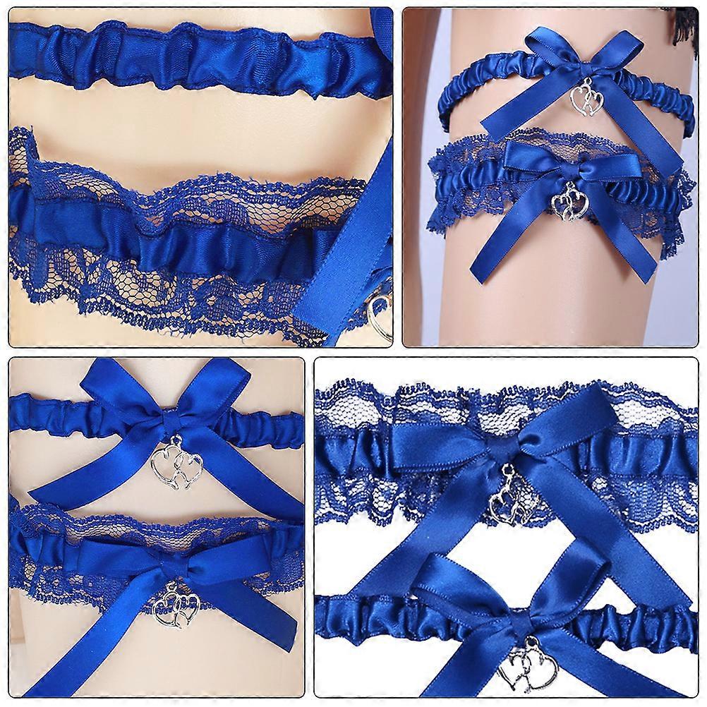 Adjustable Leg Garter With Chains Bowknot Lace Garter Wedding Accessory Blue Elastic Support 1 Pair